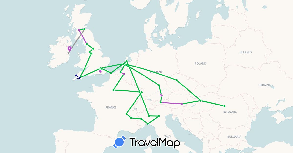 TravelMap itinerary: driving, bus, plane, train in Austria, Belgium, Czech Republic, Germany, France, United Kingdom, Hungary, Ireland, Italy, Netherlands, Romania (Europe)
